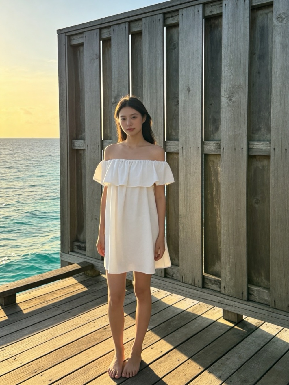 bishop + young Off-Shoulder Cream Ruffle Mini Dress